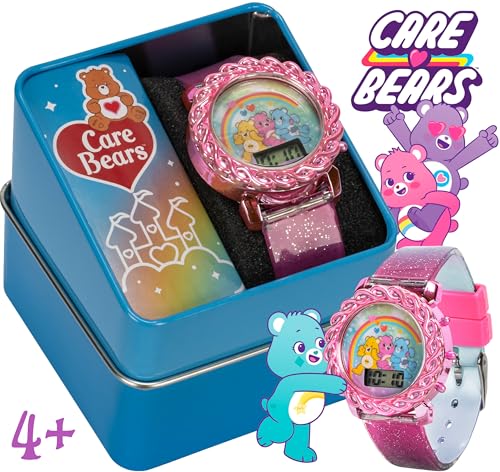 Care Bears Kids LCD Watch with Glitter Gradient Strap, Flashing Iridescent Bezel, Fun Digital Display, Ideal for Learning Time, Adjustable Strap, Pink and Green Design3