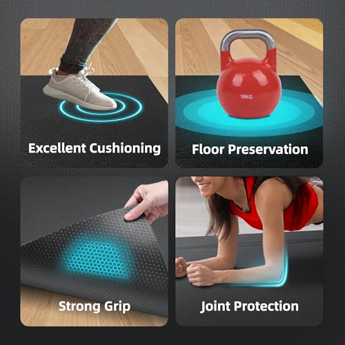 Large Exercise Mat for Home Workout,12‘x6’/10'x6'/9'x6'/8'x6'/7'x5'/6'x4' (7mm) Extra Thick Workout Mat, High-Density Gym Mat for Cardio, Jump Rope, MMA, Weights (Shoe-Friendly)