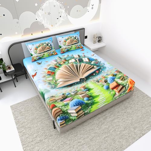 Image of Dream Weaverz 7D Bedsheet for Double Bed King Size with 2 Pillow Covers | Digital Printed & Fitted Elastic for Kids | Soft Glaze Cotton Feel | Fits Upto 12 Inch Mattress (Book)