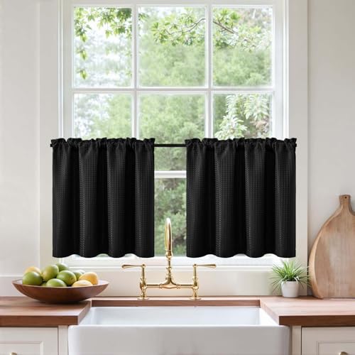 Vangao Waffel Scheibengardinen Modern Küche Schwarz Bistrogardine 2er Set...