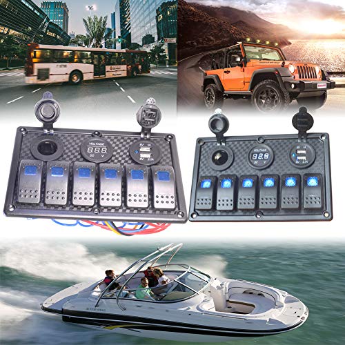 6 Gang Rocker Switch Panel - JOYHO Fuse Panel Waterproof, Digital Voltmeter Display, Dual USB Charger Port DC 12V Power Socket, 12/24V Breaker Switch for RV Marine Car Vehicles Truck Boat, Blue Light