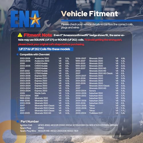 Image of ENA UF271 Square Ignition Coils 41-962 Spark Plugs 748UU Spark Plug Wires Set Compatible with Chevy Silverado Avalanche Suburban Tahoe Express GMC Sierra Yukon Escalade 4.8L 5.3L 6.0L, Set of 8