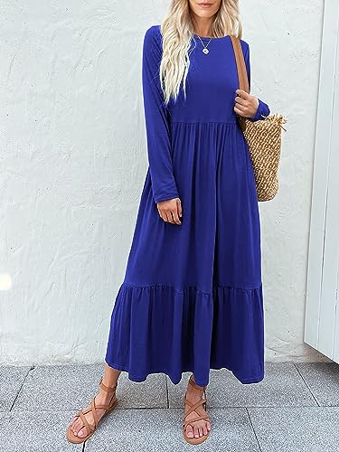Image of Mieazom Women's Long Sleeves Maxi Dress Casual Loose Tiered Flowy Swing Beach Long Dresses with Pockets