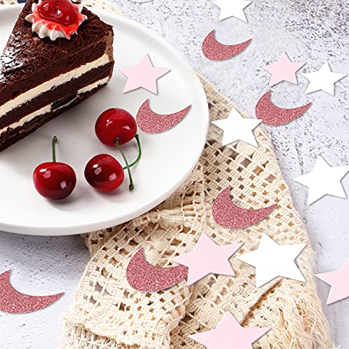 Image of Rose-Gold Pink-White Moon Star Confetti - 300pcs Glitter Twinkle Little Star Table Confetti Eid Ramadan Mubarak Decoration Birthday Wedding Baby Bridal Shower Party Decor Lasting Surprise