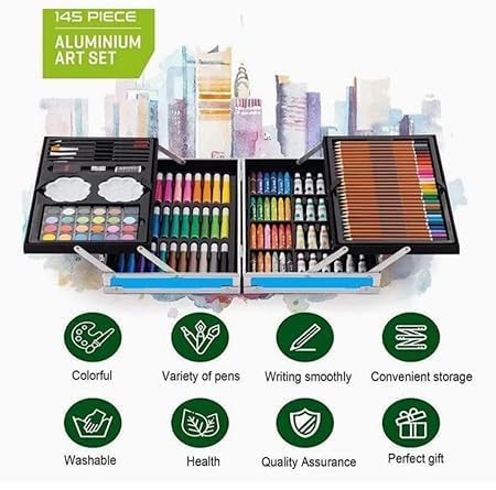 Kitchen Bloom Art Set for Kids, 145 Pieces Drawing Kit with Colour Pencils, Oil Pastels, Paint Brushes, Unicorn Theme Art Set 1