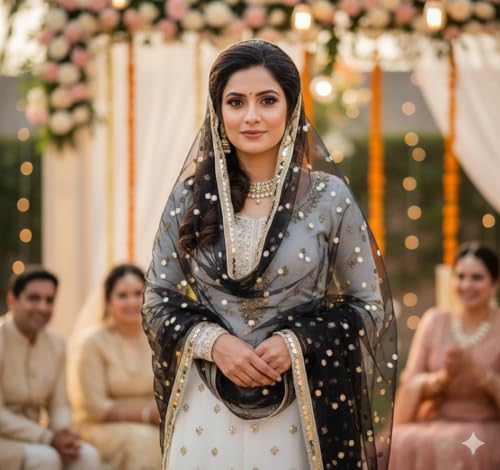 Image of Navti Creations Women's Lightweight Net Dupatta With Sequence Embroidery & Kiran Border (Length 2.25m)