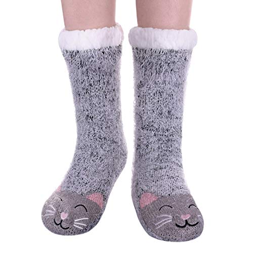 FANZERO Womens Fuzzy Slipper Socks Cute Animal Soft Warm Fleece Lined Non Slip Winter Socks Cat