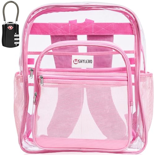 SHYLERO Clear Backpack Heavy Duty has Combination Lock, 2-WAY Zipper. PVC Transparent Backpack X-Large - H18''xW14''xD8 - Pink