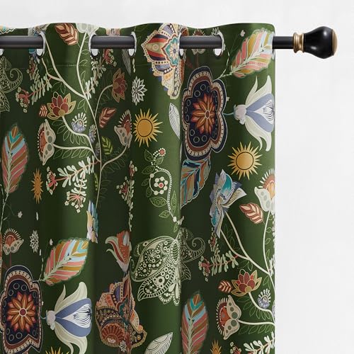 Image of XiDi Green Floral Blackout Curtains 90 Inches Long 2 Panels Black Out Drape