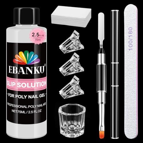EBANKU Poly Gel Slip Solution for Nails - Anti-Stick Slip Solution for Builder Gel Nails Brush Clean Liquid with Dual-Ended Nail Brush 3PCS Nail Clips for Beginners & Home Salon 2.5oz