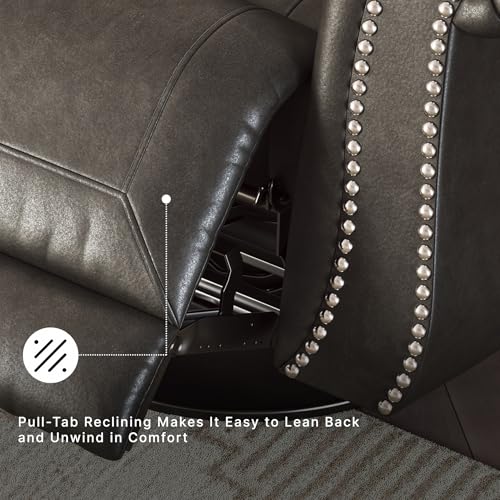 Image of Signature Design by Ashley Shadsburne Classic Faux Leather Manual Rocker Swivel Glider Recliner with Nailhead Trim, Reinforced Frame and Metal Seat Box, 360-Degree Swivel, Black
