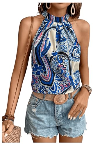 Image of RoseSeek Women's Tropical Paisley Halter Blouse Boho Shirt Vacation Tops