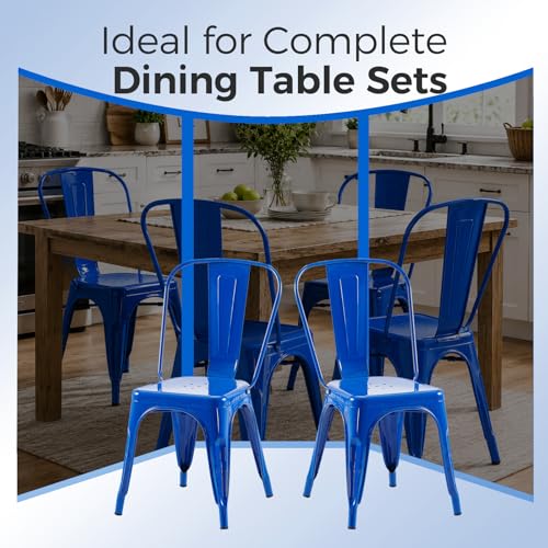 Image of Metal Dining Chairs with Backrest, Stackable, Blue, 12 Pack | Easy Assembly, Non-Slip Feet, 330 lb Capacity, Kitchen, Restaurant, Cafe, Pub, Covered Patio