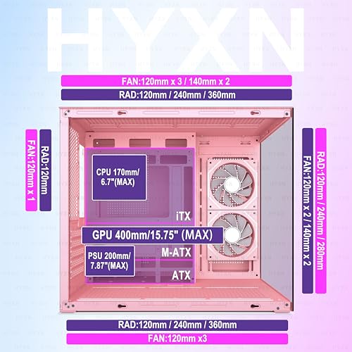 Image of H3 HYXN ATX PC Case - Pre-Installed with 6 Infinity Mirror PWM ARGB Fans - Compact Dual Cavity Mid-Tower PC Gaming Case - with Type-C 3.2-360mm Radiator Support, Pink