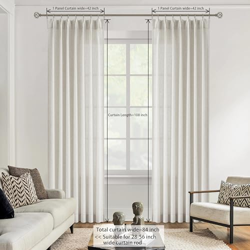 Image of Vision Home Natural Pinch Pleated Semi Sheer Curtains Textured Linen Blended Light Filtering Window Curtains 108 inch for Living Room Bedroom Pinch Pleat Drapes with Hooks 2 Panels 9ft 42 inch Wx108 L