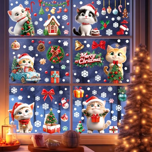 Christmas Window Clings for Glass Decorations, 9 Sheet Snowflakes Xmas Decorations Window Sticker Decals for Holiday Party Double Side Reuseable Stickers (Christmas Cats)