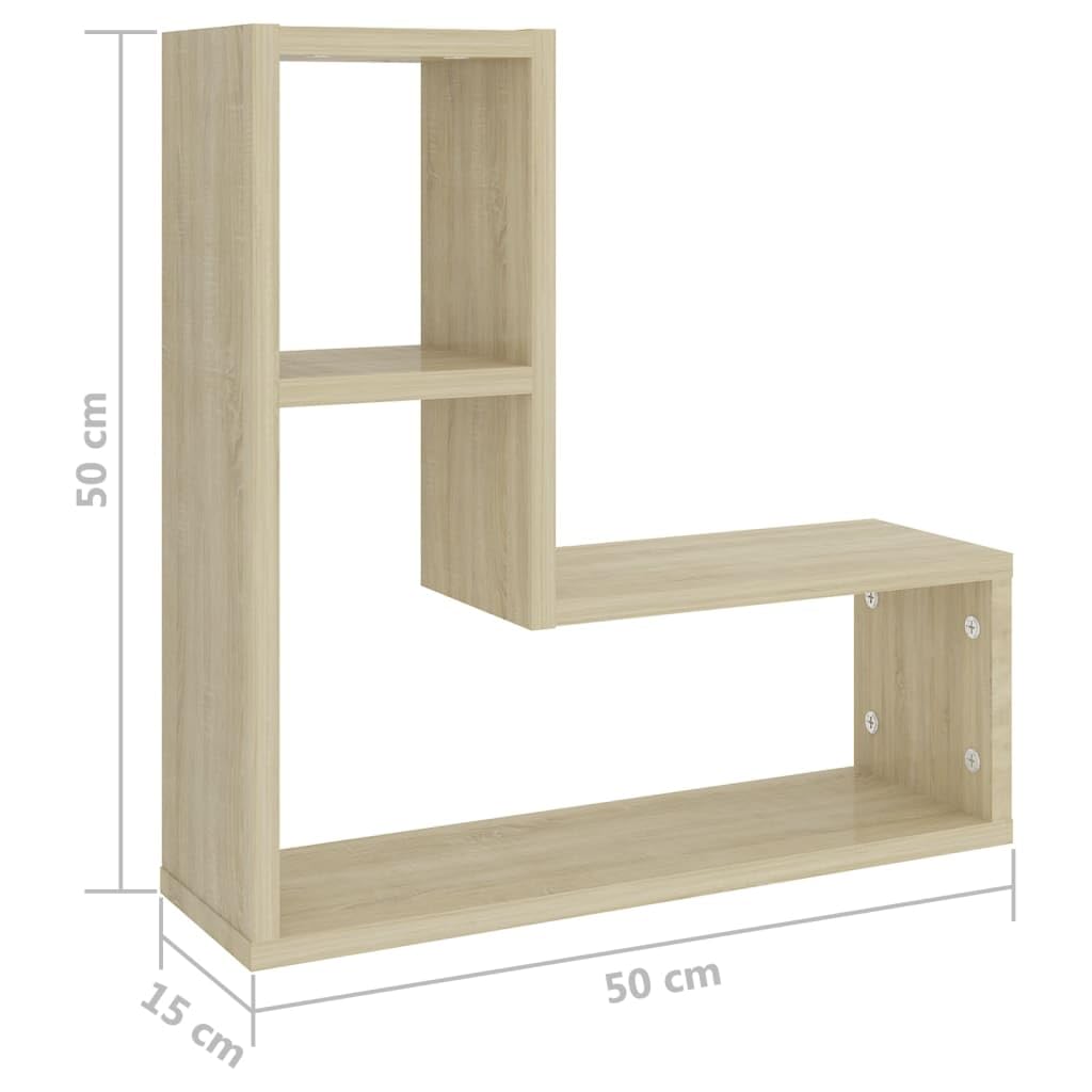 Regały ścienne, zestaw 2 sztuk, dąb Sonoma 50 x 15 x 50 cm, materiał drewnopochodny, wiszące półki do salonu, sypialni, kuchni, łazienki, korytarza, biura, niewidoczne systemy montażowe