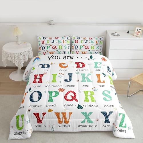 Image of Feelyou ABC Alphabet Bedding Set Queen Size, Learning Educational Comforter Cute Cartoon Funny Positive Words Comforter Set for Kids Toddler Educational Duvet Set Durable Bed Set 3Pcs