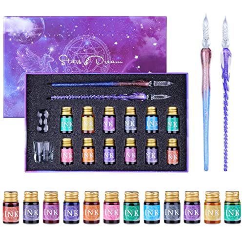 Stylos de calligraphie en verre - 2 Pieces 12 x 7 ml Coulours Encres 1 porte-stylo et 1 Tasse de Nettoyage Ensemble, pour Signatures Dessin écriture et Noël...