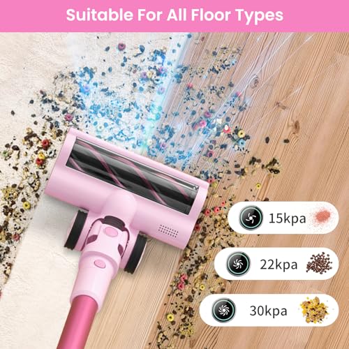 Belife Cordless Vacuum Cleaner, 38Kpa 450W Stick Vacuum Cleaners for Home Carpet Hardwood Floor, Wireless Household Vaccum for Pet Hair with Led Touch Display, Up to 45mins Runtime (Pink)
