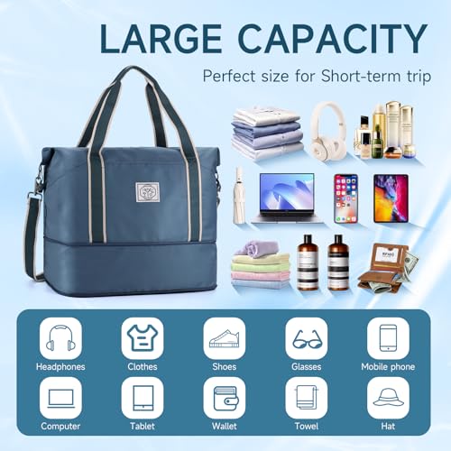 WALNEW Travel Duffel Bag, Weekender Overnight Carry On Bag for Women Men, Foldable Waterproof Gym Luggage with Metal Buckle Detachable Shoulder Strap and Wet Compartment (Peacock Blue)3