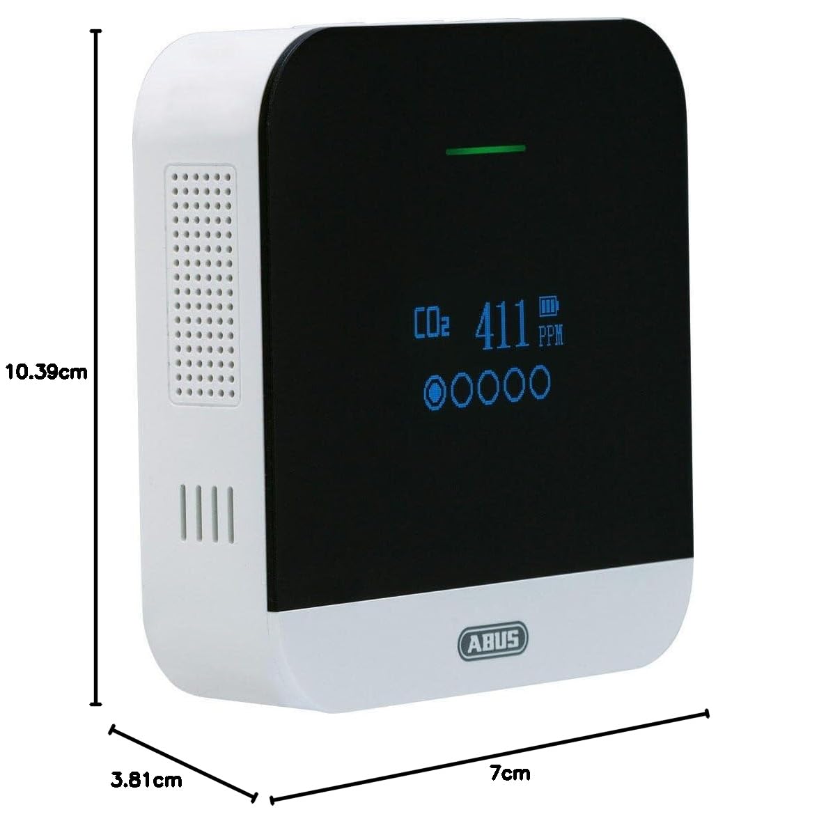 ABUS CO2WM110 AirSecure czujnik CO2 – miernik jakości powietrza, wilgotności powietrza i temperatury w pomieszczeniu – z alarmem i sygnalizacją CO2 – czujnik 10-letni