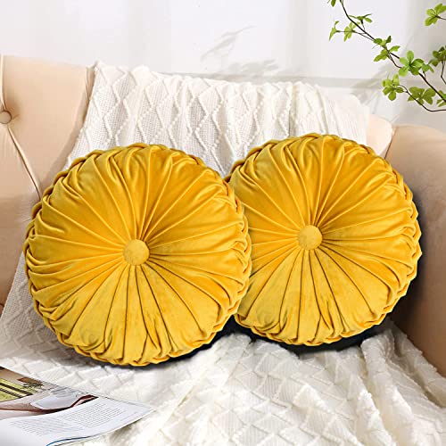 Image of HIG Set of 2 Decorative Round Pleated Throw Pillows, Classy Accent Pumpkin Throw Pillows with Center Button, Vintage Velvet Floor Pillow for Sofa Couch Vanity Chair Bed, Yellow, 14.5 inch Diameter(RIPPLE)