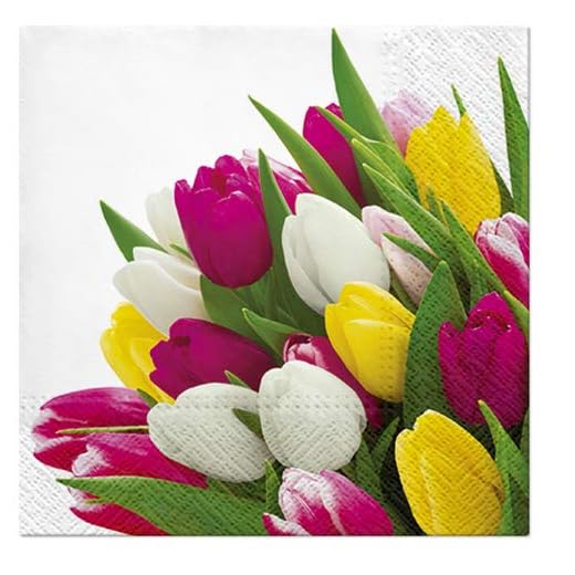 20 servilletas de ramo de tulipanes de colores como decoración de mesa para la primavera y para manualidades con técnica de servilletas, 33 x 33 cm