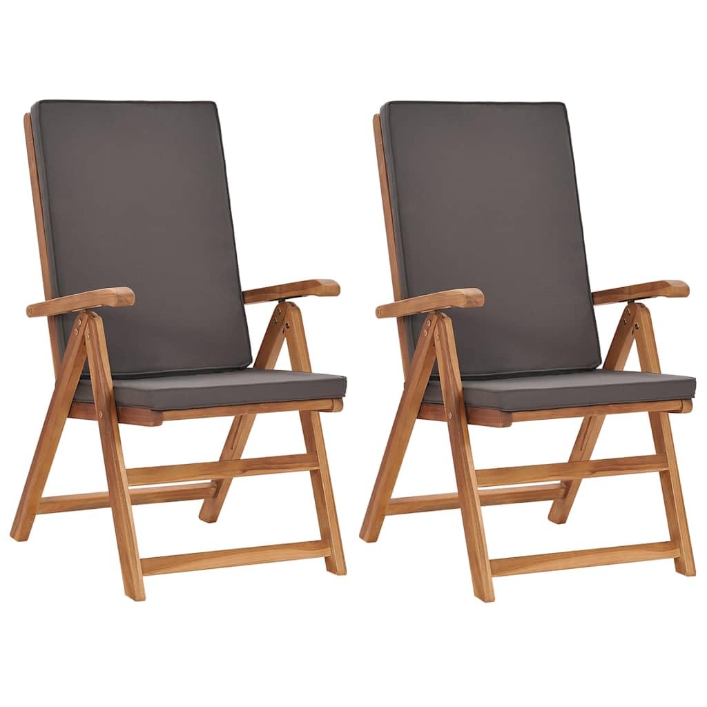 vidaXL 2X Teca Maciza Sillas de Jardín Reclinables y Cojines Asiento de Terraza Patio Parque Exterior Interior Aire Libre Plegable Gris