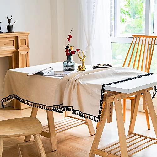 YUURAIN VUVU Pure Beige Cotton Linen Fabric, Stitching Black Tassel Rectangle Tablecloth for Kitchen | Dining | Tabletop | Decoration | Tea Party | Weddings | Farmhouse (55x70 Inches) by yuurainvuvu - Image 3
