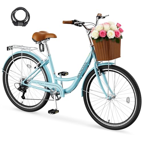 MOONCOOL Womens Bike 7 Speed, 24 26 inch Beach Cruiser Bikes for Women, Step Through Adult Bicycle with Front Basket for City Commuting