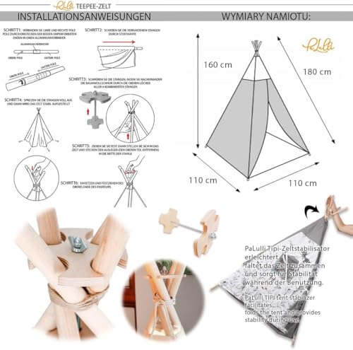 PaLulli® Tipi Zelt für Kinder aus 100% Baumwolle mit Kuschelmatte, Anti-Kollaps-System [Stabil], Camping-Hängelampe & 2 Dekokissen, Tippi Kinderzelt Teepee Spielzelt (BEIGE)