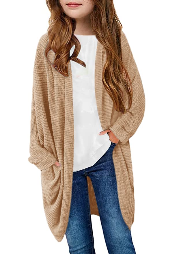 ZoeAce Girls Cardigan Sweaters Long Batwing Sleeve Loose Casual Open Front Knit Coat with Pockets 6-14 Years