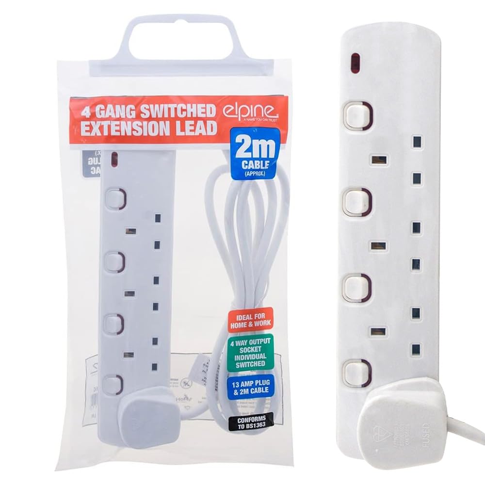New 4 Way, 2 Metre Extension Cable - Cord, Electric Mains Power Socket Plug 13 Amp, LED, Individual Socket Switch | UK Plug 3 Pin Socket Outlet | Ideal For Emergency Use (4 Way, 2m Switched)