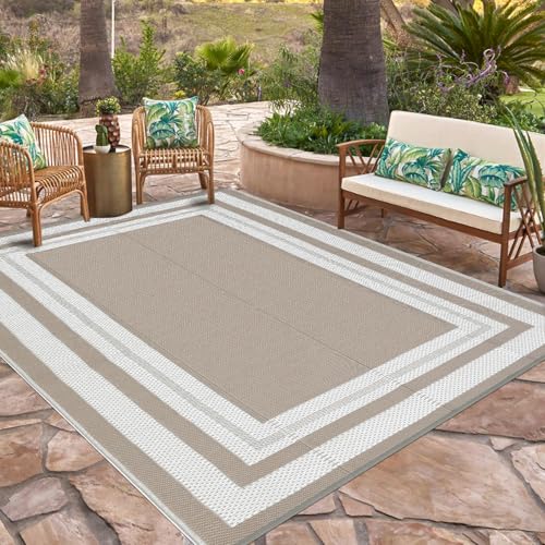 GarveeHome Outdoor Rug 9x18 ft Waterproof Mat Reversible Outdoor Plastic Straw Rug Patio Rug Camping Rug Portable Outdoor Mat for RV Porch Balcony Backyard Picnic Beach Grey Beige Panel