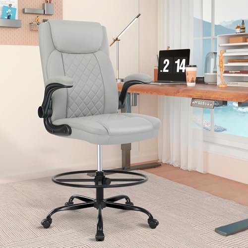Image of Misolant Drafting Chair, Tall Office Chair for Standing Desk, Standing Chair with Adjustable Height and Flip-up Armrest, Leather Drafting Chair, High Office Chair for Counter Height Desk