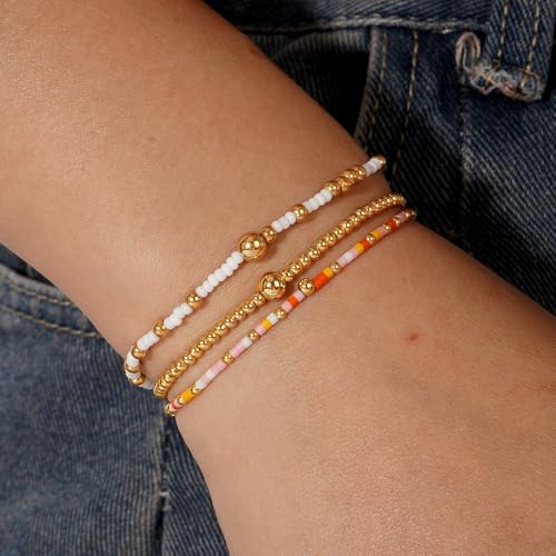 Gold Beaded Bracelets Stack for Women, 3PCS Colorful Bohemian Stackable Layered Adjustable Stretch Non-Tarnish Seed Beads Bracelet Set, Dainty Jewelry Fall Fashion Accessory Friendship Gift2