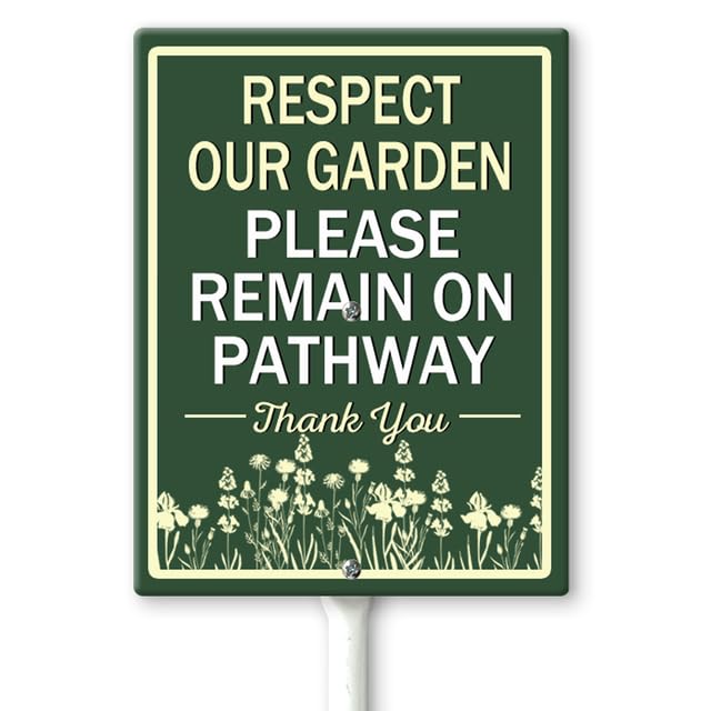 Horienteeon Respect Our Garden Please Remain On Pathway Yard Sign with Stakes 11.5×15cm, Sturdy Aluminum Yard Signs Rust Free, Keep Off The Grass Yard Sign, Stay Off Grass Signs