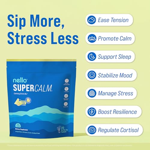 Image of Nello Supercalm Powdered Drink Mix, Cortisol Reducer* and Sleep Aid Supplement, L Theanine, Ksm-66 Ashwagandha, Magnesium Glycinate, Vitamin D 3, No Sugar, Non GMO, On The Go, 20 Ct, Lemon Lime