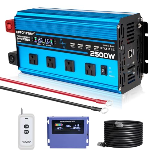 Image of 2500w Pure sine Wave Inverter DC 12V to AC 110V/120V Converter, 5000w (Peak) with LCD Display, Wireless/Wired Remote Control, 4AC outlets and 4USB.Ideal for Camping, RV Travel, Off-Grid Solar Systems