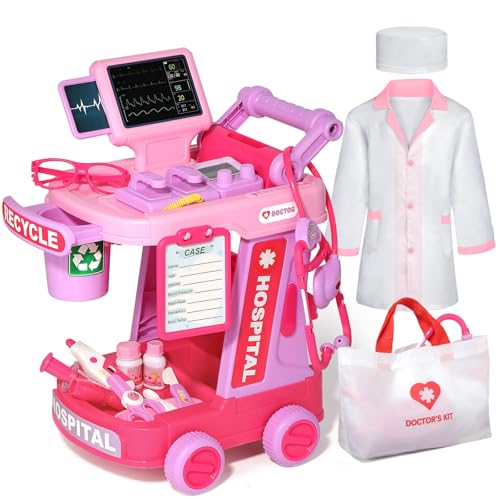 Phobby Doctor Kit for Toddlers Aged 3 4 5, Medical Pretend Play Set for Kids with Bag and Costume, Doctor Cart Toy for Girls Boys Birthday Gift (Pink)