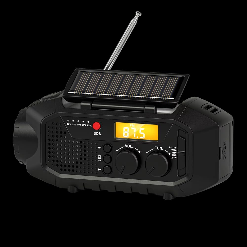 Radio awaryjne, głośnik Bluetooth, przenośna korba solarna radio AM/FM do survivalu, ładowarka USB, alarm SOS, do czytania