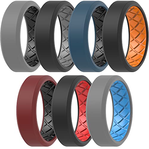 ThunderFit Men Silicone Wedding Rings, Breathable Pattern Engagement Bands 8mm Wide 2.2mm Thick - 1/4/7 Variety Multipack