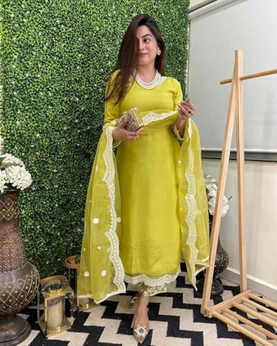 Image of Shiv Textiles Women's Chanderi Silk Embroidered Kurta Pant Dupatta Set(JDA-Kamya-Yellow-L)