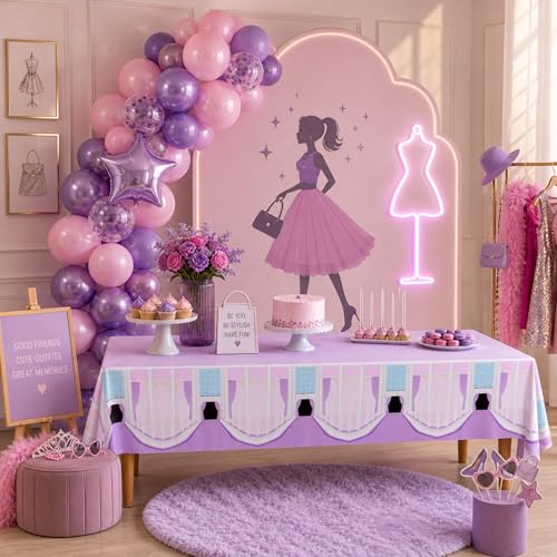 Image of Blue Orchards Fashion Game Tablecover (Pack of 3) - 108 inchx54 inch XL - Immersive Dress Up Party Supplies, Backdrop, Accent, Runway Theme Decoration, Kids and Girls Fashionista Birthday Plastic Tablecloth