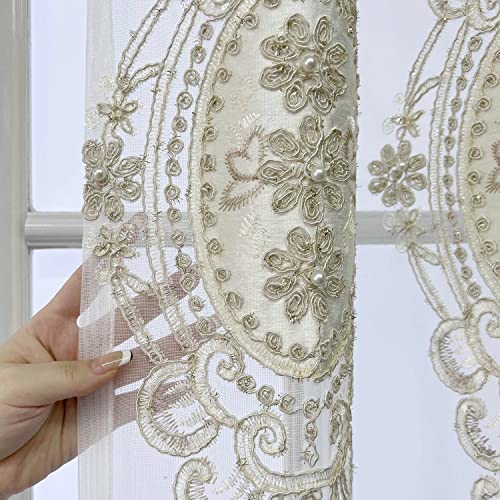 European Style Floral Sheer Curtains With Attached Valance For Villa Grommet Top Luxury 3D Beaded Embroidered Sheer Voile Panel For Living Room Elegant Home Decor Set Of 2 Panels W52 L96 Inch #TOP3