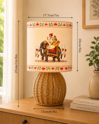 Image of Homesake Handwoven Rattan Table Lamp with Fabric Shade | Boho Bedside Lamp for Bedroom | Decorative Cane Lamp for Living Room | Warm Ambient Lighting | Raffia Round Home Decor, Rajasthani Shade