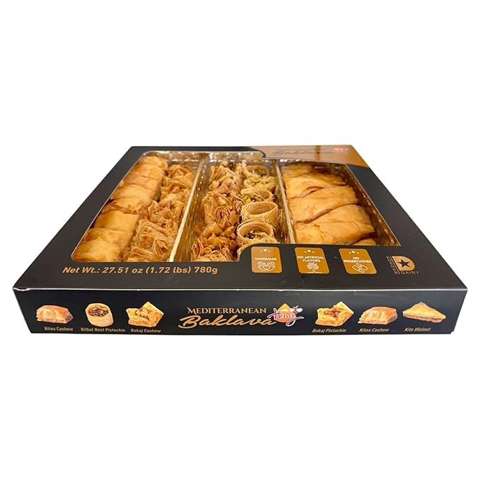 Mediterranean Baklava Assortment with Honey – 27.51 oz (1.72 lbs) – Handmade Layers of Phyllo Dough with Pistachio & Cashew – No Preservatives – Kosher Dairy – Halal Certified
