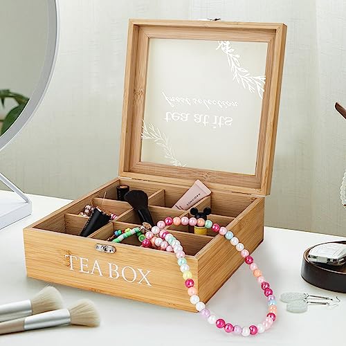 DearCal Wooden Tea Storage Chest - Tea Bag Organiser with 9 Compartments - Tea Holder Container for Tea Bags, Sugar, and Coffee Pods (Wooden) - Image 5