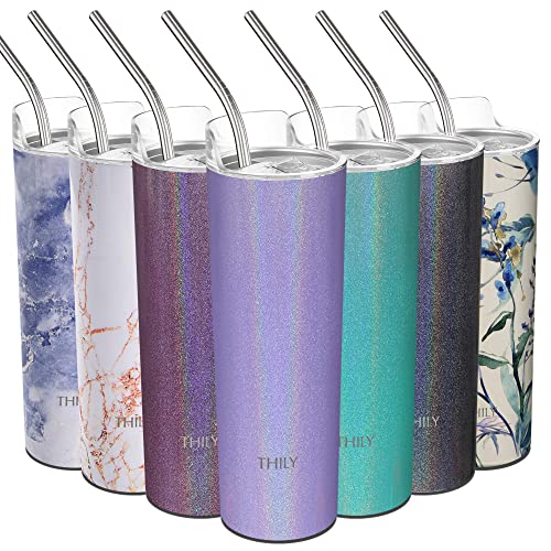 Stainless Steel Insulated Skinny Tumbler - THILY 22 oz Travel Cup with Lid and Straw, Reusable, Splash-proof, Stylish Slim Design, for Water, Coffee, Juice, Gift for Women Christmas, Glitter Lavender